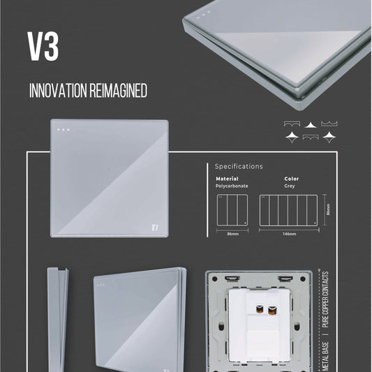 TJ V-Series V3 electric switches displayed in a product booklet, showcasing their design and layout.